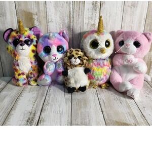 Beanie Boo Plush Unicorn Owl Leopard Kitty Cat Bundle, Stuffed Animals Set of 5
